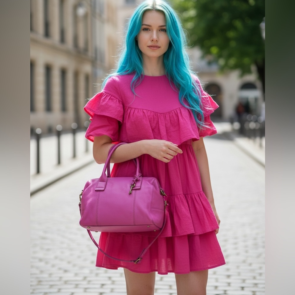 Fossil Magenta Pebbled Leather Satchel with Key